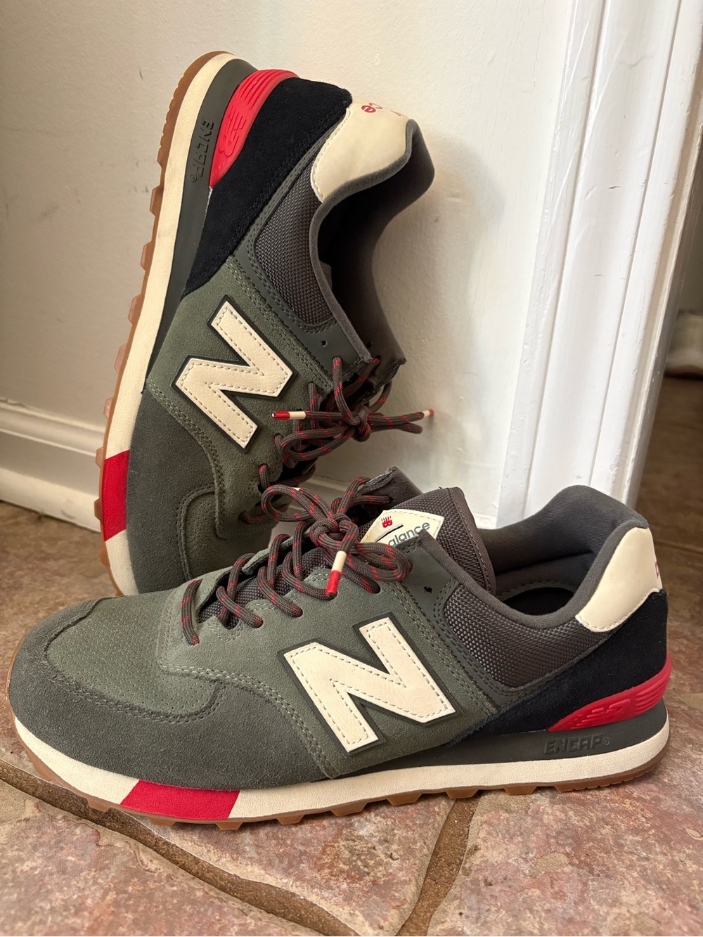 New Balance Men's Olive Green & Cream Retro Runner Sneakers with Red Accents